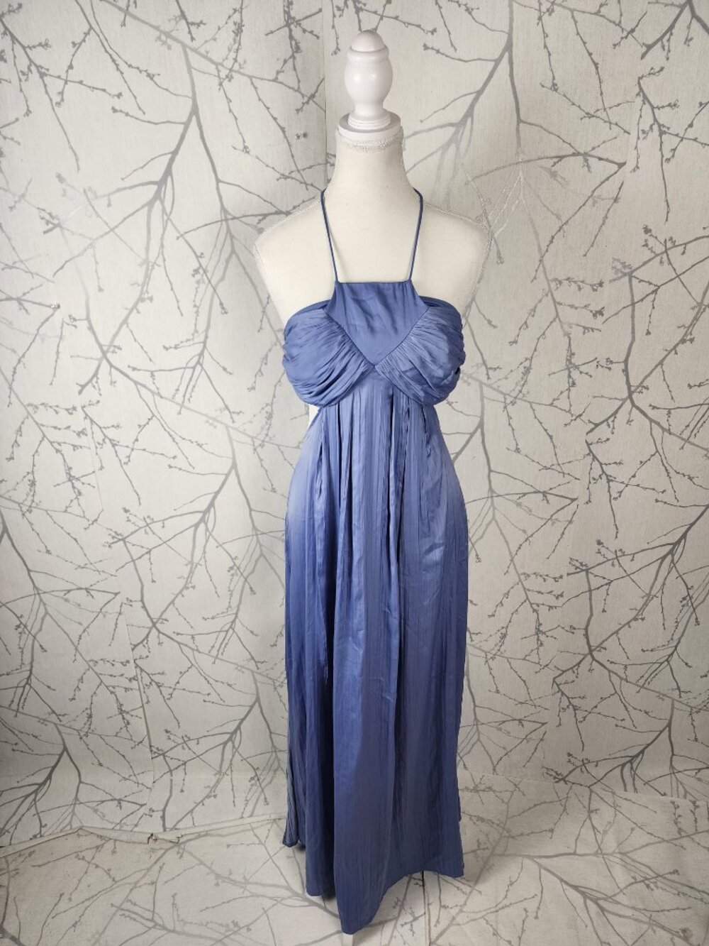 By Anthropologie Periwinkle Blue Satin Strappy Halter Tie Back Maxi Dress - Picture 2 of 8